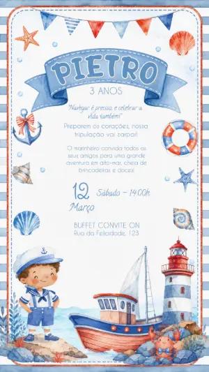 Convite de Aniversário Marinheiro Aquarela para Editar