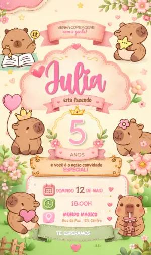 Convite de Aniversário Capivara Fofo Rosa para Editar
