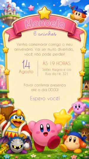 Convite de Aniversário Kirby Editável para Festa Infantil