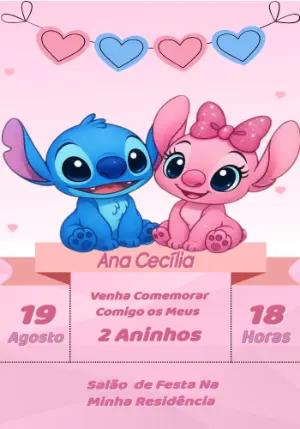 Convite Aniversário Stitch e Angel para Editar Online
