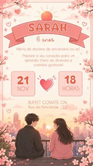 Convite de Aniversário Estilo Dorama Romântico Editável