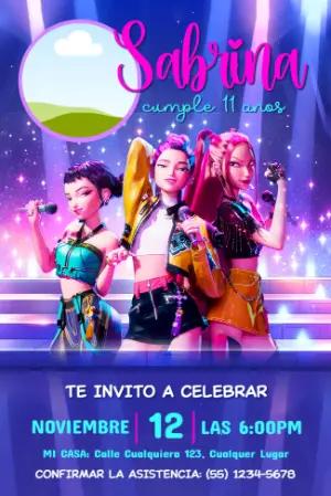 Invitación de Cumpleaños Las Guerreras K-Pop para Editar