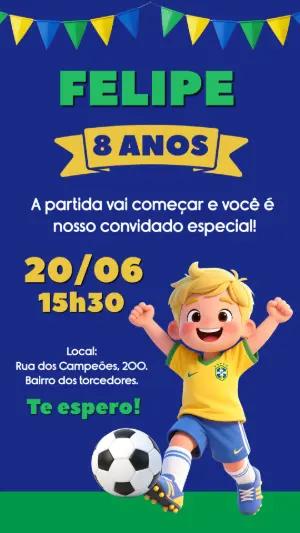 Convite Digital Aniversário Infantil Tema Futebol Brasil