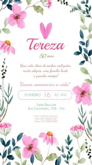 Convite de Aniversário 50 Anos Floral Aquarela Editável