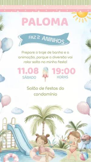 Convite de Aniversário Pool Party Menina para Editar Online