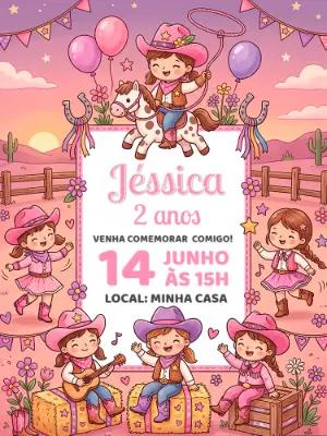 Convite de Aniversário Cowgirl Rosa Fofo para Editar