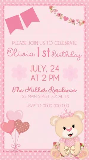 Pink Teddy Bear 1st Birthday Invitation Editable Template