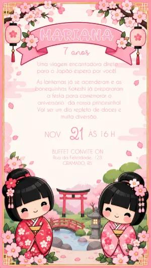 Convite de Aniversário Kokeshi Festa Japonesa Editável