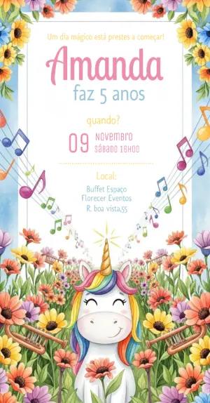 Convite Aniversário Unicórnio Musical para Editar Online