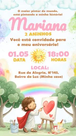 Convite de Aniversário Infantil Jesus Pintor Aquarela Editável