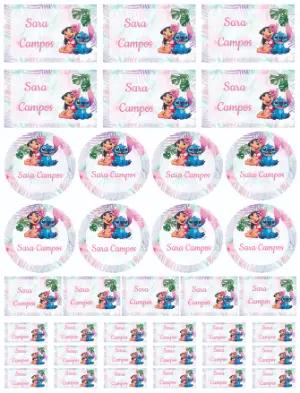Kit de Etiquetas Editáveis Lilo & Stitch Tema Tropical Fofo