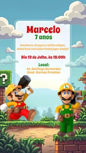 Convite Aniversário Mario Bros Construtor para Editar Online
