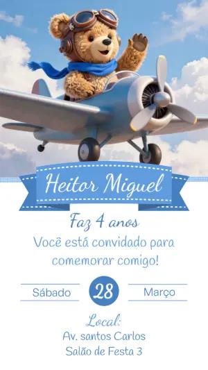 Convite de Aniversário Urso Aviador Fofo para Editar