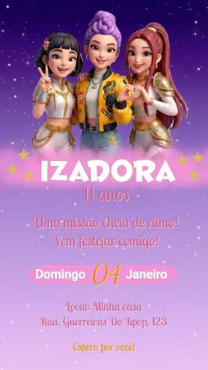 Convite de Aniversário Guerreiras do Kpop Roxo e Dourado Editável