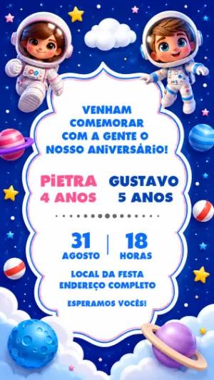 Convite Aniversário Duplo Astronautas no Espaço Editável