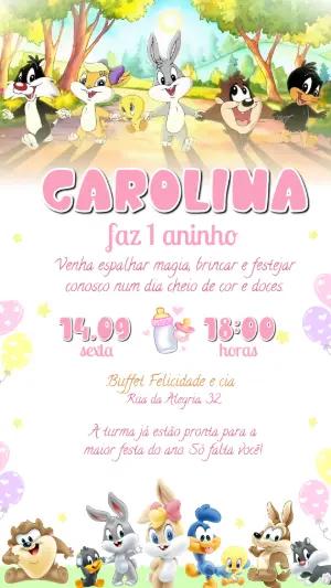 Convite de Aniversário Baby Looney Tunes Rosa para Editar