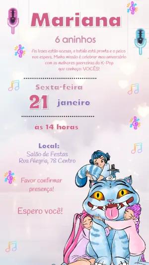 Convite Animado Aniversário Guerreiras do K-Pop e Derpy Editável