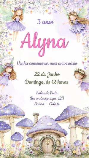 Convite de Aniversário Infantil Fada Lilás Aquarela Editável