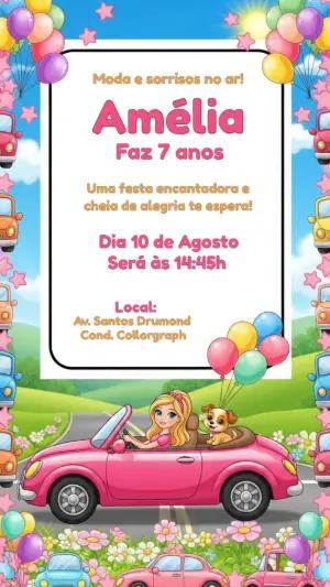 Convite Aniversário Polly Pocket com Carro Rosa para Editar Online