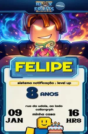 Convite de Aniversário Blox Fruits Roblox Modelo Editável Gamer