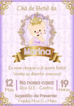 Convite Chá de Bebê Ursinha Princesa Lilás e Dourado Editável