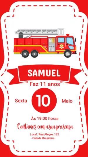 Convite de Aniversário Bombeiro com Caminhão para Editar