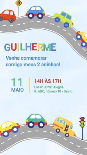Convite de Aniversário Infantil Tema Carros Colorido para Editar
