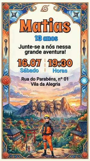 Convite de Aniversário Naruto Aquarela Editável