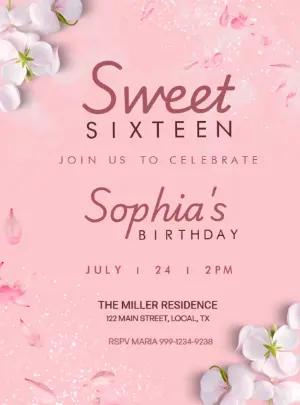 Elegant Pink Floral Sweet Sixteen Invitation Template