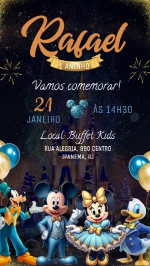 Convite de Aniversário Mickey Realeza Azul e Dourado Editável