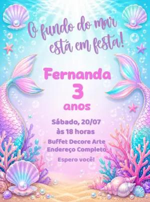 Convite de Aniversário Sereia Fundo do Mar Editável