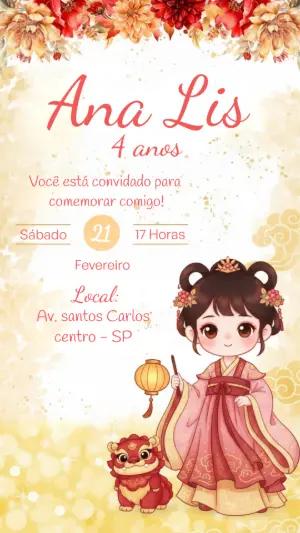 Convite de Aniversário Tema Chinês Menina Fofa Editável