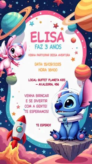 Convite Aniversário Stitch e Angel Astronauta para Editar Online