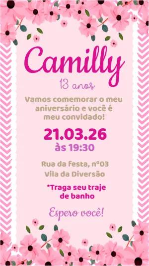 Convite de Aniversário Floral Rosa para Editar e Enviar