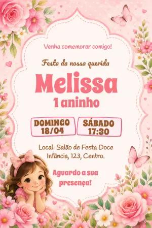 Convite de Aniversário Menina Floral Rosa Editável