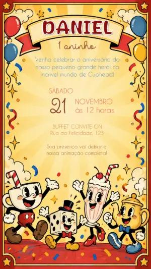 Convite de Aniversário Cuphead Retrô Digital Editável