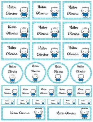 Etiquetas Escolares Editáveis Hello Kitty Menino Azul para Imprimir