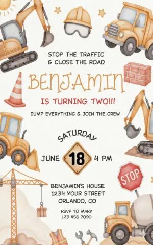 Construction Birthday Invitation Editable Template for Kids