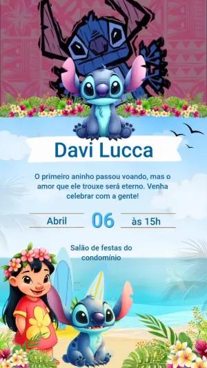 Convite Animado Lilo & Stitch Tropical para Aniversário Editável