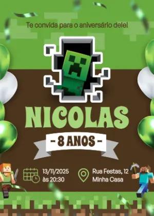 Convite de Aniversário Minecraft com Creeper para Editar Online