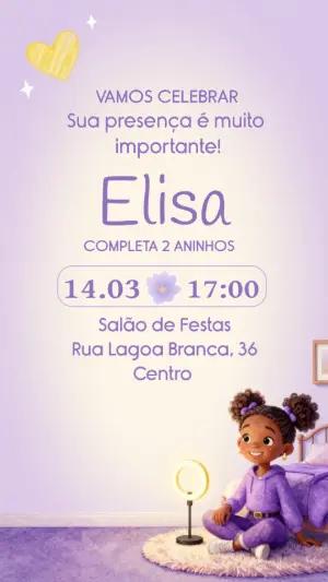 Convite de Aniversário Lilás Menina Negra Editável