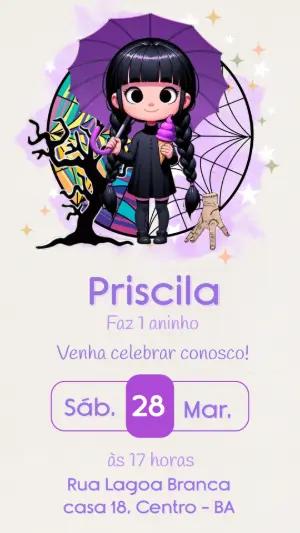 Convite de Aniversário Wandinha Roxo Fofo para Editar