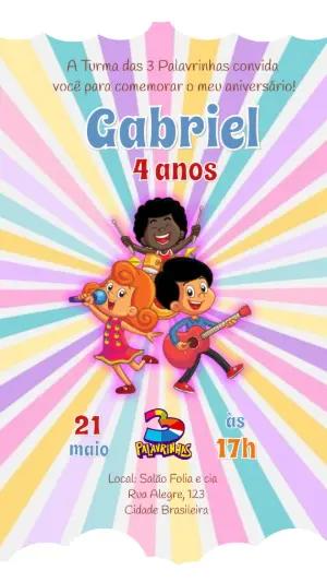 Convite de Aniversário 3 Palavrinhas Colorido para Editar