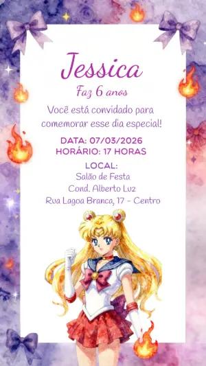 Convite de Aniversário Sailor Moon Aquarela para Editar