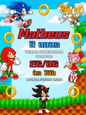 Convite de Aniversário Sonic e Turma Modelo Editável