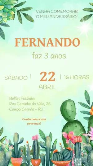 Convite Digital Infantil Tema Cactos em Aquarela para Editar