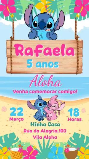 Convite Aniversário Stitch e Angel Tropical para Editar Online
