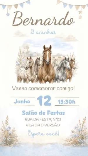 Convite de Aniversário Cavalos Aquarela para Editar