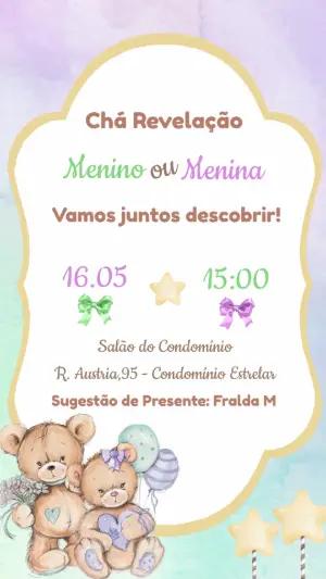 Convite Chá Revelação Ursinhos Lilás e Verde Editável