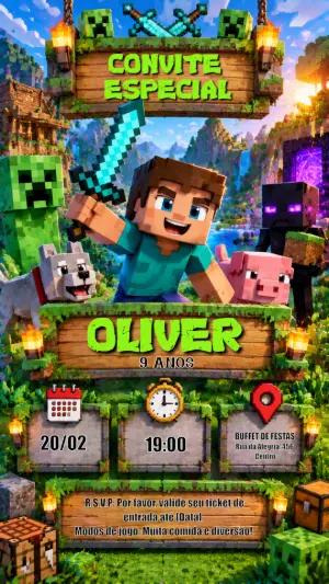 Convite de Aniversário Minecraft Editável para Festa de Jogos